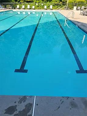 A bright blue lap pool with dark tiled lane lines running its length.